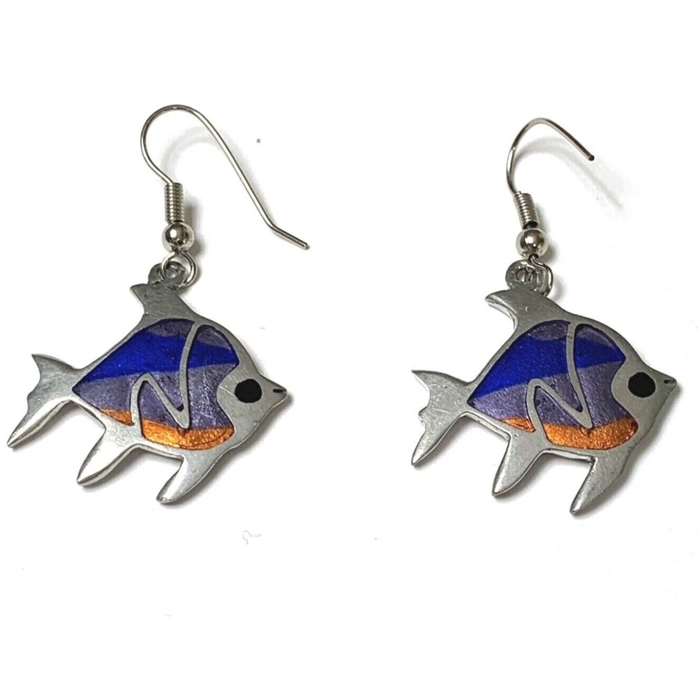 Tropical Angel Fish Silver Tone Dangle Earrings 1-3/4" Multicolor Resin Nautical